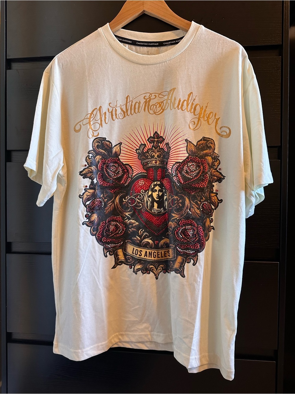 Christian Audigier Cream Tee with Red and Gold Crest Size L
